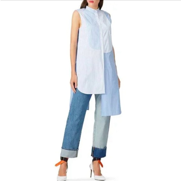 Monse Blue and White Cotton Sleeveless Mixed Stripe Shirt Button Down Size 0 - Picture 1 of 16